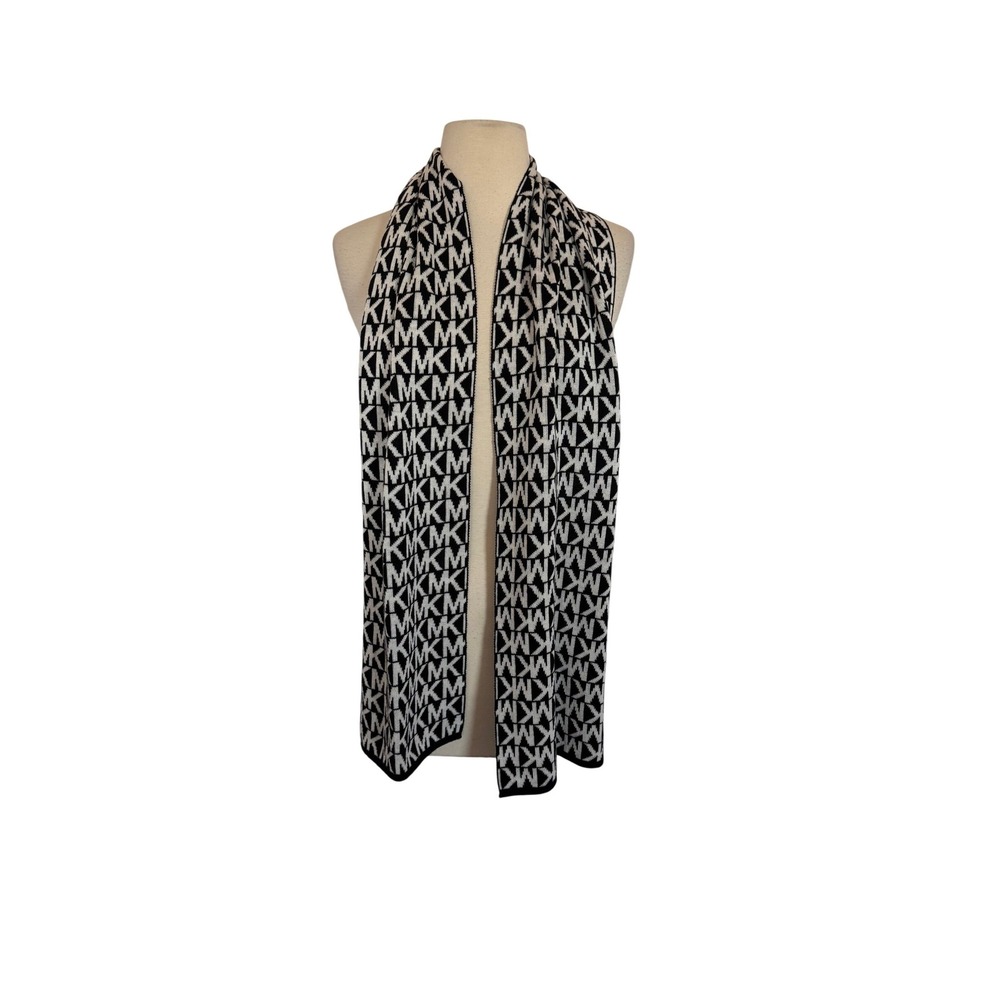 Michael Kors Womens Black White Monogram Logo Knit Scarf Rectangular‎ 65X10 in